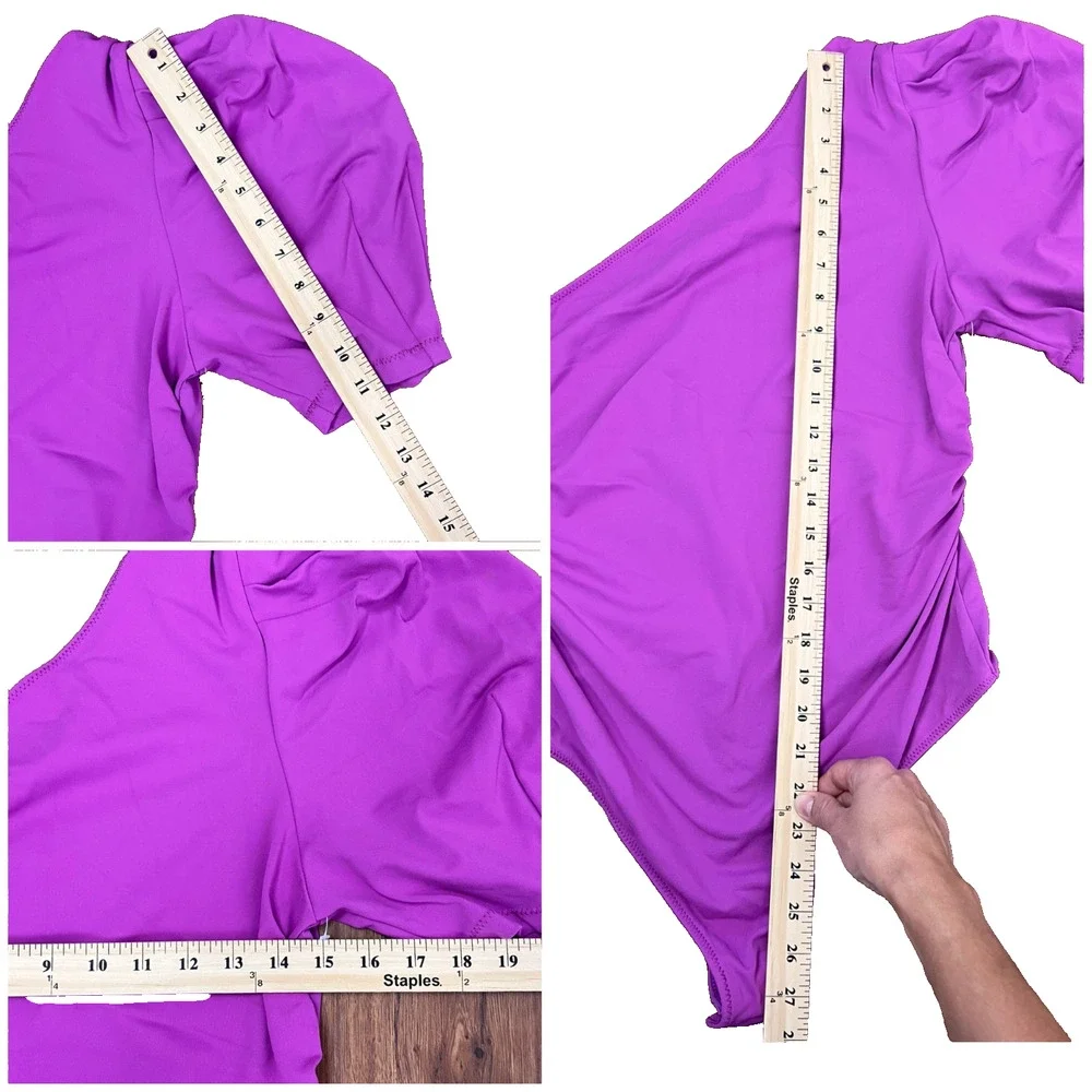 Free People One Shoulder Puff Sleeve L Bodysuit Magenta Ruched Side Stretchy - Picture 7 of 8